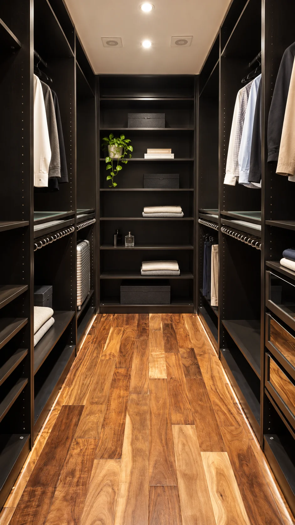 Custom-fitted principal dressing room with timber flooring