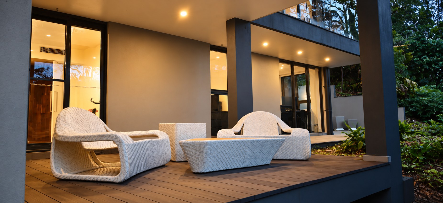 Outdoor lounge terrace at twilight